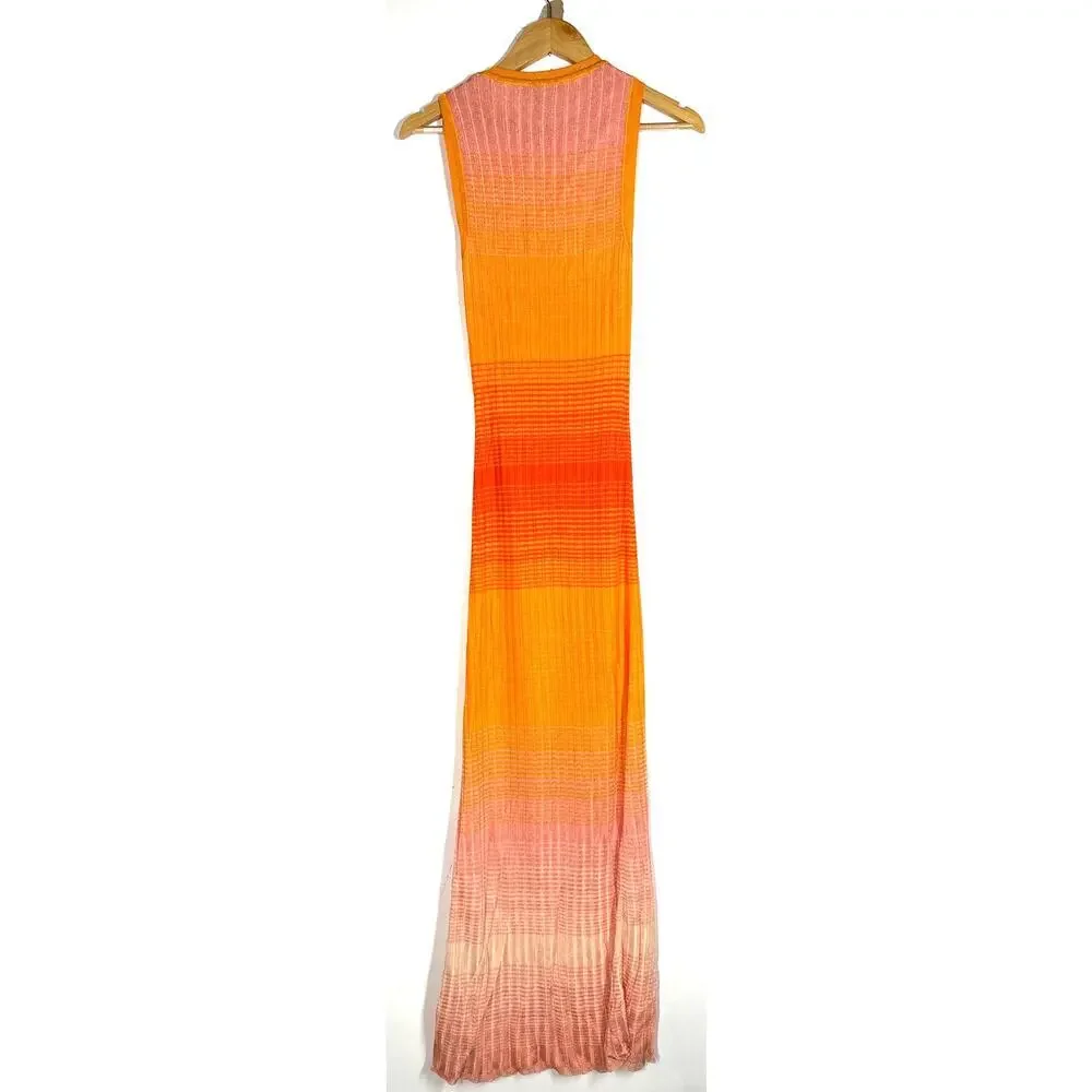 Maje Tie Dye Maxi Dress Rib Knit Sleeveless Tank Sweater Orange Ombre 36 - Picture 3 of 11